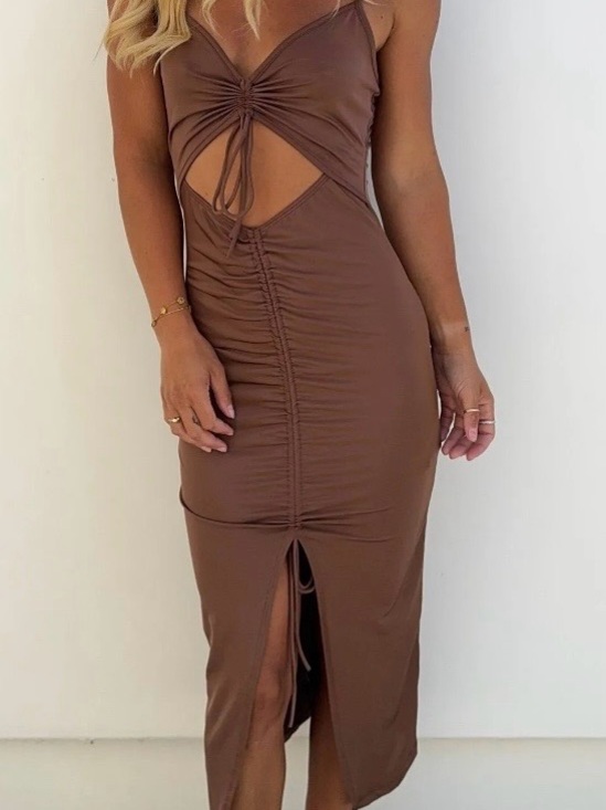 Lovely Day Dresses & Skirts - Lovely Day Brown Ruched Cutout Midi Dress